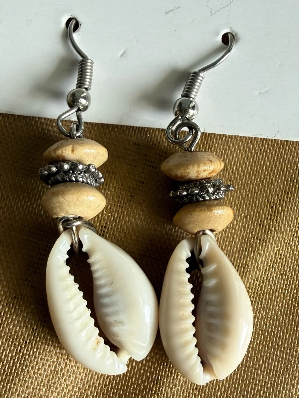 Shell Drop Earrings with Natural Wood Beads - Cream
